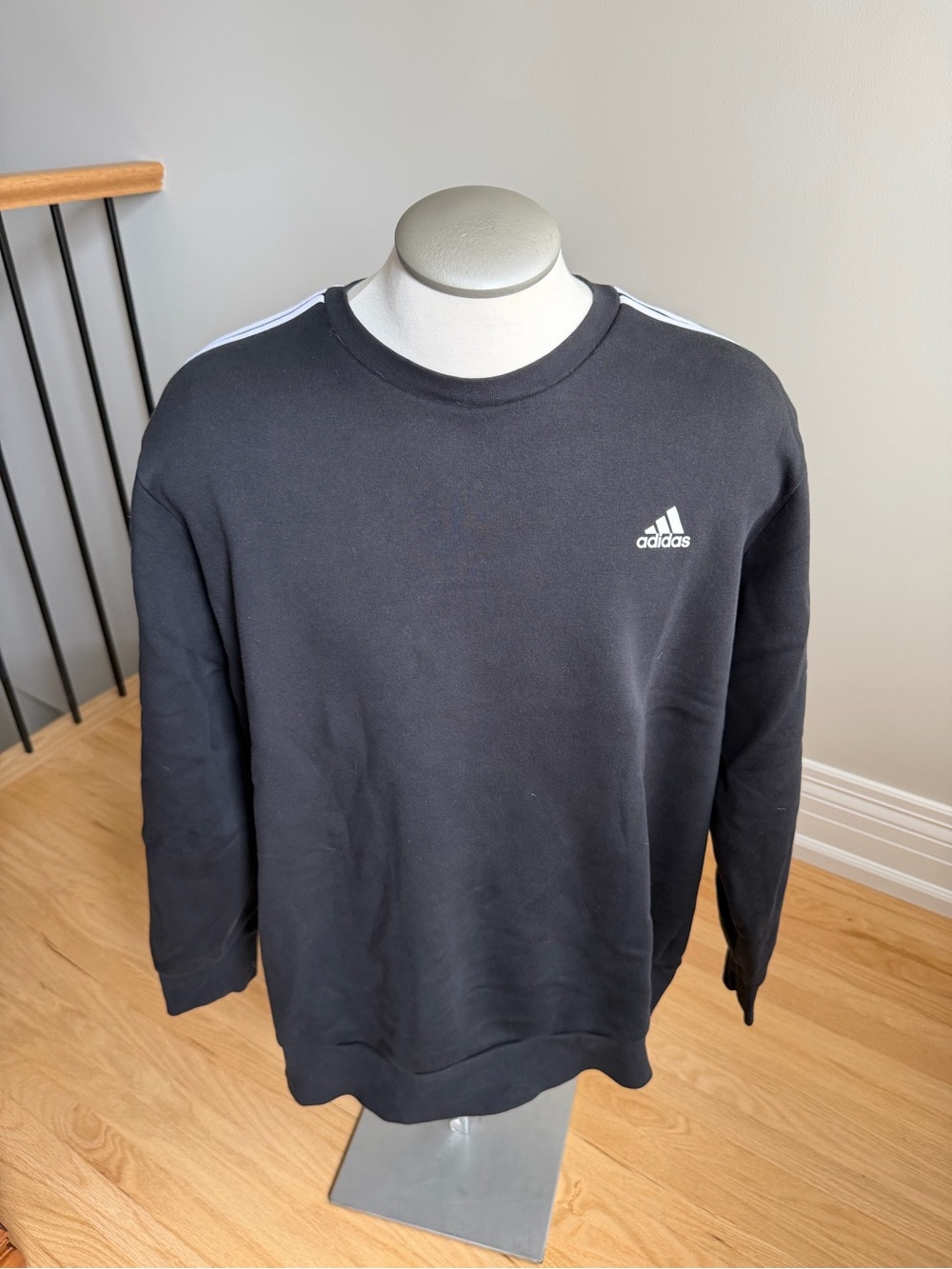 adidas Men's Black Crewneck with White Shoulder Stripes